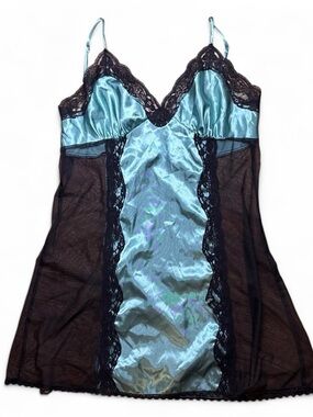 Blue Satin Lingerie Slip Dress W Black Mesh Panels by Frederick’s of Hollywood